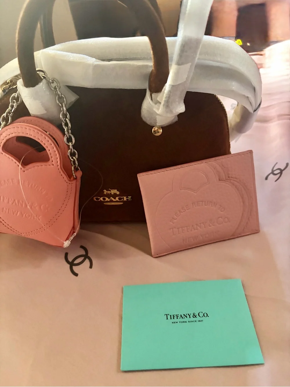 Coach Lara Mini Suede Satchel with Tiffany&Co Pink Leather Card Holder & Charm